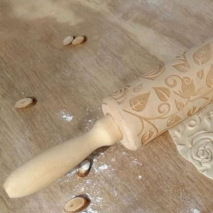 Ragyzity Wooden Embossed Rolling Pin for Baking, Rose Flower Embossed Engraved Carved Rolling Pin, Wooden Roll Pin Laser Engraved Rolling Pin DIY Tool for Making Cookie Dough Crusts Pies Pastry