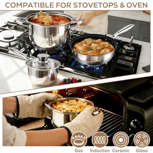 Colourcoco Stainless Steel Cookware Set - 15 Pieces Pots and Pans Nonstick Pot and Pan Set Includes 1 Frying Pans, 5 Pots, 6 Lids and 3 Utensils, with Stay Cooling Handle, Induction & Oven Safe