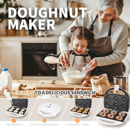 DSP Mini Donut Maker - Non-Stick, Cool Touch Electric Doughnut Machine for Mini Donuts - Perfect for Breakfast, Snacks & Desserts (White, 6 Donuts)
