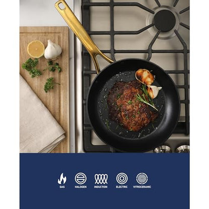 Oster Platinum Abbottsford 16 Piece Aluminum Pots and Pans PFA Free Ceramic Non stick Induction Kitchen Cookware Set - Black W/Gold