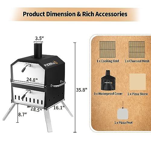 PIZZELLO Pizzello Outdoor Pizza Oven 16'' Large Wood Fired 2-Layer Pizza Ovens with Pizza Stone, Pizza Peel, Grill Grate, Oven Cover, Outside Pizza Maker for Camping Backyard BBQ, Pizzello Grande 16