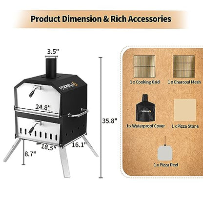 PIZZELLO Pizzello Outdoor Pizza Oven 16'' Large Wood Fired 2-Layer Pizza Ovens with Pizza Stone, Pizza Peel, Grill Grate, Oven Cover, Outside Pizza Maker for Camping Backyard BBQ, Pizzello Grande 16