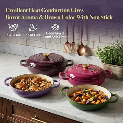 Vintage Style 3 Quart Enameled Cast Iron Braiser, Non Stick Enameled Cast Iron Skillet with Lid, Dutch Oven Skillet with lid up to 500°F for Oven, Stove, Grill, Shallow Dutch Oven for Cook, Bake (Purple)
