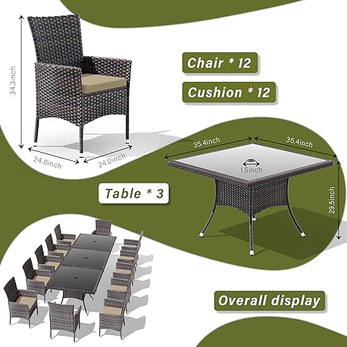 RTDTD 15 Pieces Outdoor Patio Dining Set,Patio Table and Chairs Rattan Outdoor Patio Furniture Set with Umbrella Hole,Dining Table Set for 12 with Chairs for Backyard,Garden and Kitchen,Brown