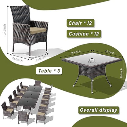 RTDTD 15 Pieces Outdoor Patio Dining Set,Patio Table and Chairs Rattan Outdoor Patio Furniture Set with Umbrella Hole,Dining Table Set for 12 with Chairs for Backyard,Garden and Kitchen,Brown