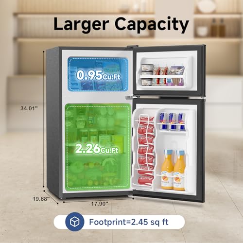 BANGSON 3.2 CU.FT Mini Fridge with Freezer Bedroom, 2 Door Office Small Refrigerator, Quiet Compact Fridge for Home, Dorm, Apartment, Garage, RV, Adjustable Thermostat, Low Noise, Black