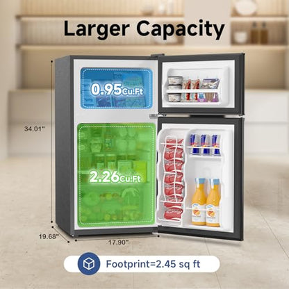 BANGSON 3.2 CU.FT Mini Fridge with Freezer Bedroom, 2 Door Office Small Refrigerator, Quiet Compact Fridge for Home, Dorm, Apartment, Garage, RV, Adjustable Thermostat, Low Noise, Black