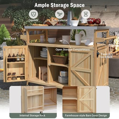 FUvellamo 50.25'' Rolling Outdoor Kitchen Island with Stainless Steel Top and Storage Cabinet, Farmhouse Outdoor Grill Table with Towel Rack for Kitchen BBQ, Natural