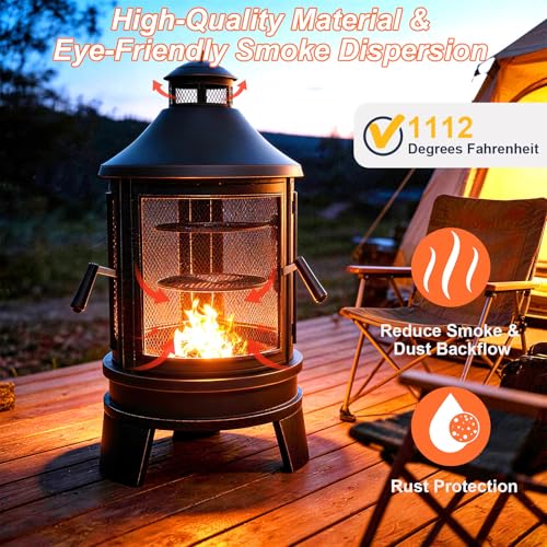 Gotland 2 in 1 Metal Chimenea with Grill, Outdoor Fire Pit with Adjustable Grill Tray 3-Door Design Spark Screen Door, Chiminea Outdoor Fireplace, Wood Stove for BBQ, Patio, Garden, Backyard
