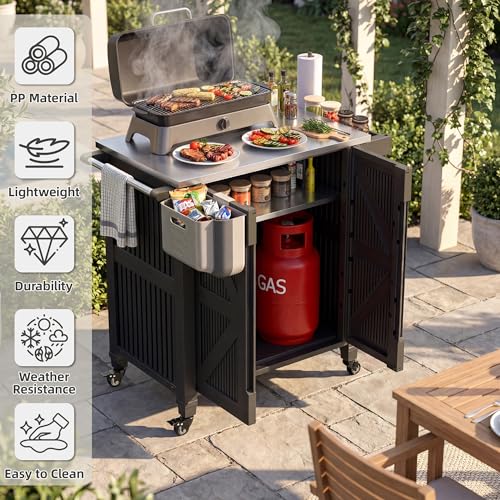 Outdoor Grill Cart with Stainless Steel Top, Outdoor Kitchen Island BBQ Prep Table, Storage Cabinet, Mobile Grill Cart with Folding Hanging Trash Bin, Wheels, Side Shelf for Patio, Garden, Picnic