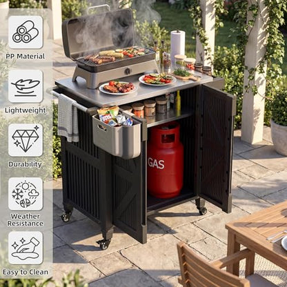 Outdoor Grill Cart with Stainless Steel Top, Outdoor Kitchen Island BBQ Prep Table, Storage Cabinet, Mobile Grill Cart with Folding Hanging Trash Bin, Wheels, Side Shelf for Patio, Garden, Picnic
