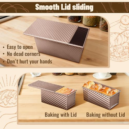 BAISHUN 3 Pack Pullman Loaf Pans with Lids, 2.2LB 1LB 0.5LB Bread Pans, Non-stick Carbon Steel Bread Pans for Homemade Sandwich and Baking Sourdough Bread, Corrugated Toast Mold, Golden