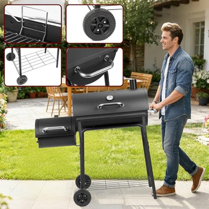 Charcoal Grill with Offset Smoker,BBQ Grills with Side Table,Outdoor Cooking with 535 Square Inches,Backyard Camping Picnics, Patio and Parties, Black by DNKMOR