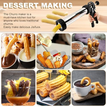 3-in-1 Stainless Steel Churros Maker Machine – Multifunctional Cookie Press with Piping Bag, Nozzles & Discs