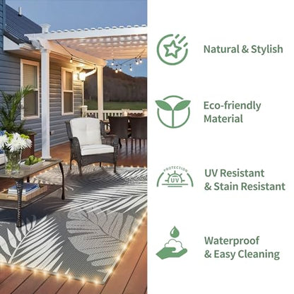 GENIMO Outdoor Rug 9' x 12' Waterproof for Patios Clearance, Reversible Outdoor Plastic Straw Camping Rug Carpet with LED String Light, Area Rugs Mats for RV, Camper, Deck, Balcony, Porch, Grey&White