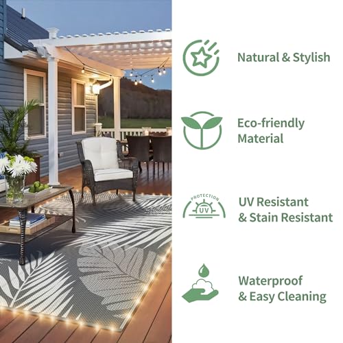 GENIMO Outdoor Rug 8' x 10' Waterproof for Patios Clearance, Reversible Outdoor Plastic Straw Camping Rug Carpet with LED String Light, Area Rugs Mats for RV, Camper, Deck, Balcony, Porch, Grey&White