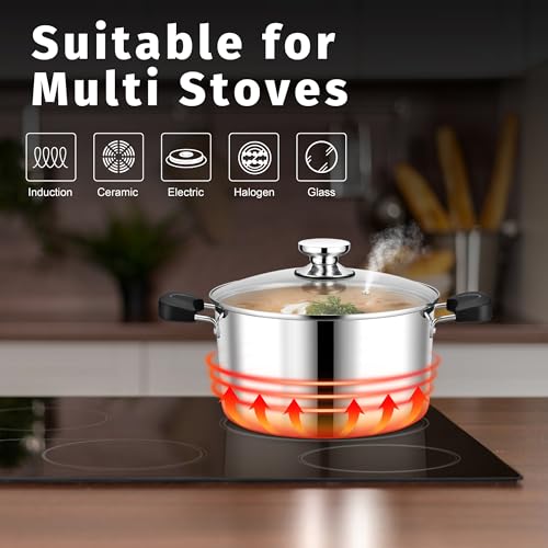 6 Quart 3-Ply Cooking Stock Pot with Lid, P&P CHEF Stainless Steel Large Pot for Pasta Soup, Work on Multi Stove, Heavy Duty & Dishwasher Safe, Dual Heat-resistant Handles & Transparent Glass Lid