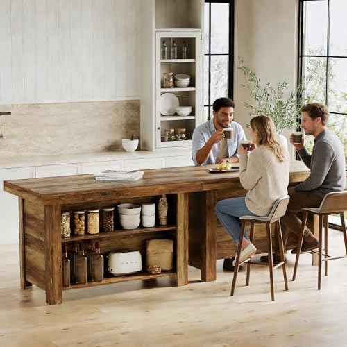 LITTLE TREE 55 Inches Kitchen Island with Storage, 3-Tier Farmhouse Wooden Stationary Island Table with Large Worktop & Leg Room, Modern Coffee Bar Table with Storage Shelf for Kitchen, Rustic Brown