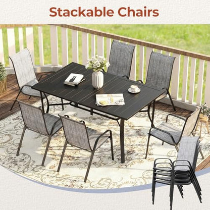 TLSUNNY 7 Piece Patio Dining Set for 6, Outdoor Table and Chairs W/1.6" Adjustable Umbrella Hole & Foot Pads, 63''x38'' Rectangular Metal Table and Stackable Textilene Chair (Grey)