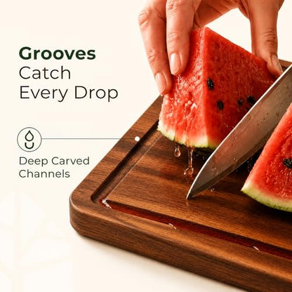 Acacia Wood Cutting Board Set of 3 with Holder, Juice Grooves & Built-in Handles - Durable, Wooden Cutting Boards for Kitchen, Perfect for Chopping, Food Prep and Serving as a Charcuterie