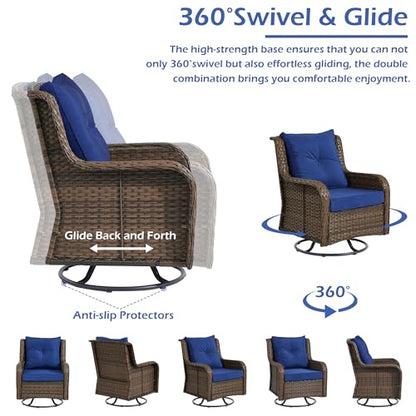 Wumiokio Patio Furniture Sets, 3 Pieces Wicker Outdoor Furniture - 360 Degree Swivel Rocking Chairs and Rattan Side Table for Garden,Porch,Backyard (Brown Wicker/Blue Cushion, 3PCS - Swivel Chairs)