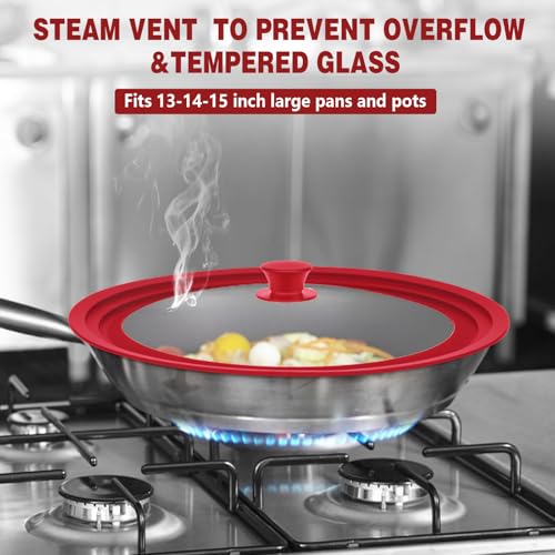 Extra Large 13-14-15 in Universal Lid for Oversized Pots, Pans and Skillets, Pot Lid Tempered Glass Lid with Heat-Resistant Silicone Edge, Cookware Lids, Replacement Frying Pan Cover