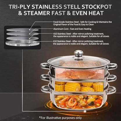 AuFranc® 5 Quart Steamer for Cooking - Stainless Steel Steam Pot with Steamer Basket, Multipurpose Cooking Stock Pot with Tempered Glass Lid, Non-Toxic Cookware for Slow Cooking and Steaming (Silver)