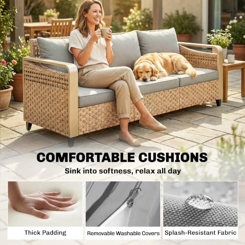 Outsunny Outdoor Patio Couch Wide Deep Seat 3 Seater Wicker Gray