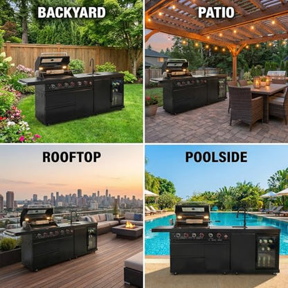 84 Inches Outdoor Kitchen Island, 5-Burner 75300 BTU Propane Stainless Steel BBQ with Side Burner, Refrigerator and Sink, Rotisserie, Granite Countertops, Storage for Backyard BBQ (Black)