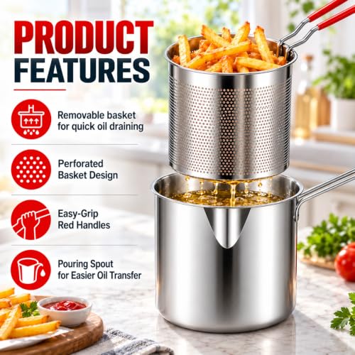 Stainless Steel Mini Fryer, Portable Fryer,Deep Stainless Steel Fryer,Includes Stainless Steels Pot,Removable Strainer Basket And Clips,Suitable For Frying French Fries,Chicken,Bacon