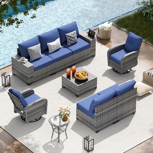 LazySunsets 9 PCS Patio Furniture Set, Outdoor Sectional All-Weather Wicker Conversation Set with Swivel Rocker Chairs, 4'' Thick Cushions for Backyard Poolside(Navy/Grey)