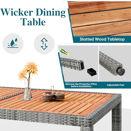 Shintenchi 7 Piece Patio Dining Set, Wicker Patio Conversation Set with Wooden Table Top, Outdoor Table and Chairs with Soft Cushions for Backyard, Deck and Garden, Grey Wicker