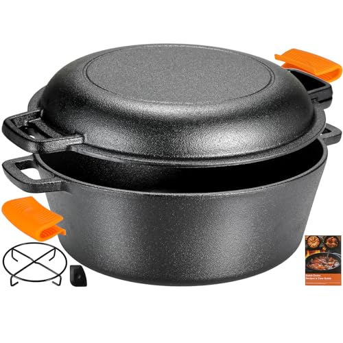TLGREEN Cast Iron Dutch Oven Pot with Lid, Pot (6.7QT) and Lid as a Skillet(2.5QT) - Dutch Oven Cast Iron with Silicone Holders, Iron Stand, for Oven, Stove, Grill，Campfire