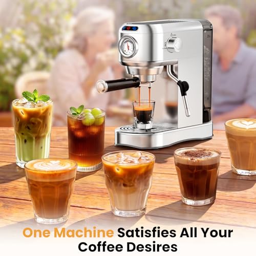 Espresso Machine 20 Bar, Compact Espresso Coffee Machine with Milk Frother, Stainless Steel Coffee Maker with 34oz Removable Water Tank, Cappuccino Machine for Home, Office, Fathers Day Dad Gifts
