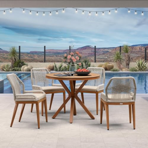 PURPLE LEAF Round Outdoor Dining Set 5 Pieces with Cushion, Deep Teak