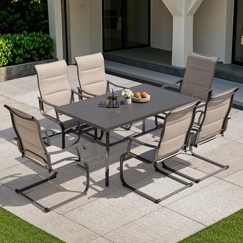 NUU GARDEN 7-Piece Outdoor Patio Dining Set - 6 Textilene Dining Chairs & 60.6" Table with Umbrella Hole, Weather-Resistant Furniture for Yard Porch Poolside Garden, Beige
