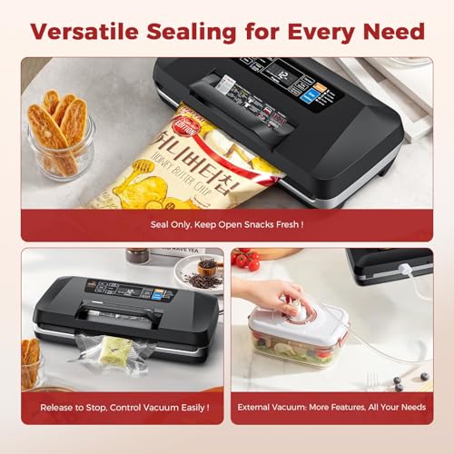Vacuum Sealer Machine, Upgraded 230W 95KPa 10-in-1 Food Sealer with Double Heat Seal for Dry Moist Food, Easy-Lock Handle, Hose, Built-in Cutter and Bag Storage + Bags (1 Roll + 10 Pre-cut)