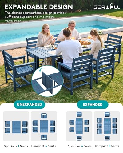 SERWALL 7-Piece Patio Dining Sets, 60" - 83" Expandable Outdoor Dining Table and 6 HDPE Chairs, All Weather HDPE Outdoor Furniture Set for Backyard, Garden, Blue