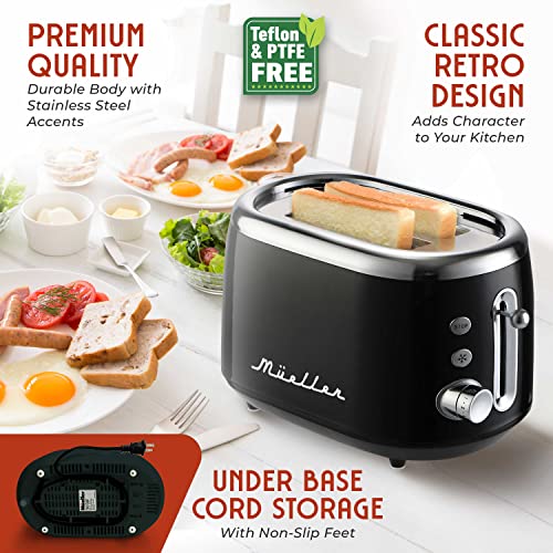 MUELLER HOME Retro Toaster 2 Slice, 7 Browning Levels, 3 Functions (Reheat, Defrost, Cancel), Stainless Steel Features, Removable Crumb Tray, Under Base Cord Storage, Black