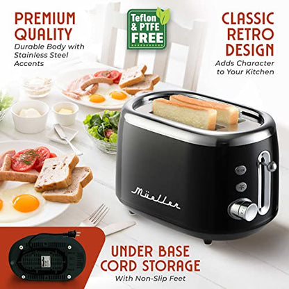 MUELLER HOME Retro Toaster 2 Slice, 7 Browning Levels, 3 Functions (Reheat, Defrost, Cancel), Stainless Steel Features, Removable Crumb Tray, Under Base Cord Storage, Black