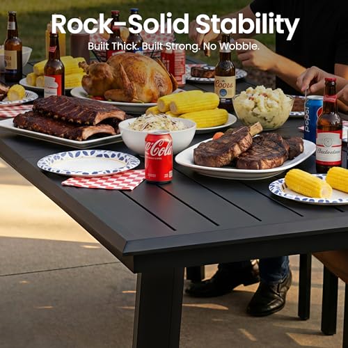 PATIOHIT 9-Piece Aluminum Outdoor Dining Set, 82" Large Rectangular Patio Table & 8 Stackable Armchairs Rust Proof Outdoor Furniture with Umbrella Hole for Lawn Garden Deck, Black