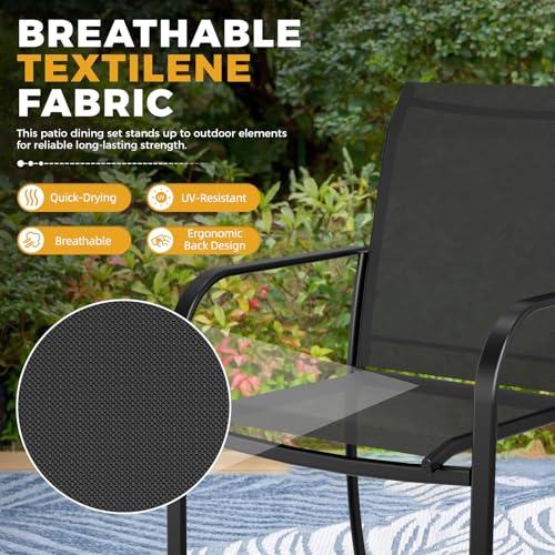 SUNCROWN 6 - Piece Outdoor Dining Set, Patio Furniture Set with 4 Textilene Dinning Chairs, 1 Steel Slat Metal Bistro Table and 1 Brown 9Ft Patio Umbrella for Lawn Garden Backyard Deck, Black