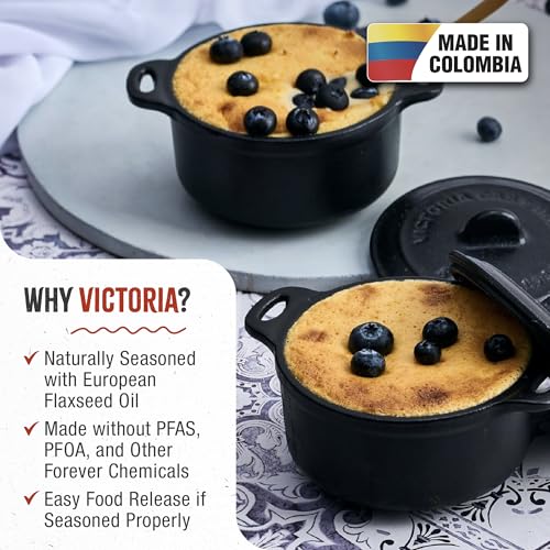 Victoria Pack of 2 Cast Iron Mini Cocottes, Preseasoned Mini Dutch Oven Set for Baking, Serving, and Individual Portions, Made in Colombia