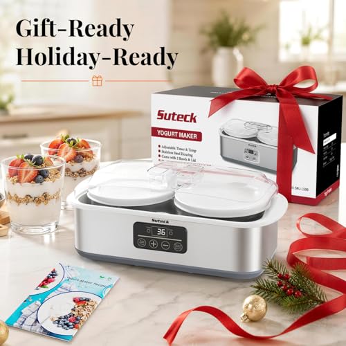 Suteck Yogurt Maker with Glass Jars 2 Quart – Stainless Steel Yogurt Makers with Adjustable Time (0-48H) & Temp Control (68-131°F) for Greek Yogurt, Probiotic, Cheese – BPA-Free, 25W