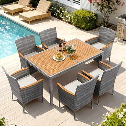Devoko 7 PCS Acacia Wood Patio Dining Set, Gray Rattan