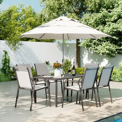 HAPPATIO Outdoor Patio Dining Set, 6 Quick Dry Textilene Dining Chairs and Dining Table with Umbrella Hole, Stackable Textilene Chairs for Garden, Patio and Poolside Backyard, Grey