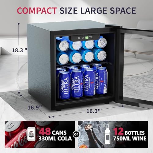 Icyglee 48 Can Beverage Refrigerator Cooler, Mini Fridge Glass Door with Adjustable Shelves, Freestanding Beverage Fridge with Blue LED for Home/Office/Dorm/Bar, 1.3 Cu.ft