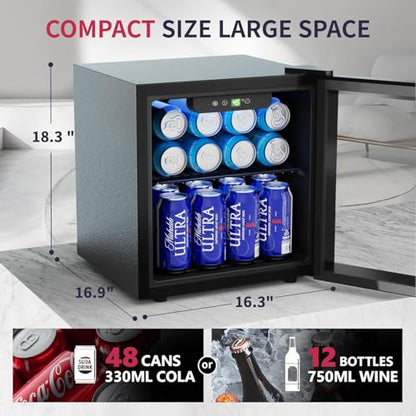 Icyglee 48 Can Beverage Refrigerator Cooler, Mini Fridge Glass Door with Adjustable Shelves, Freestanding Beverage Fridge with Blue LED for Home/Office/Dorm/Bar, 1.3 Cu.ft