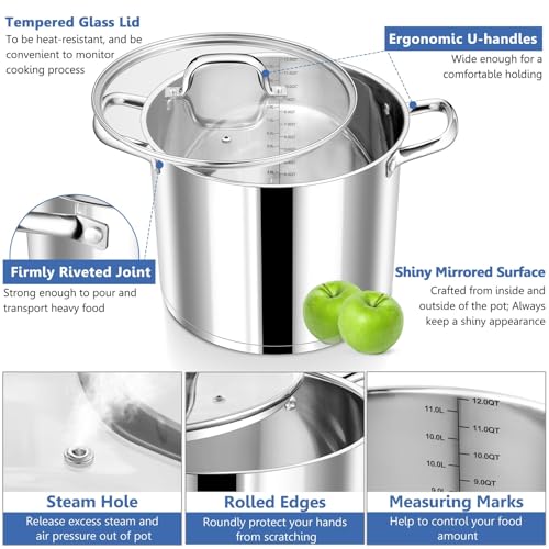 P&P CHEF 12 QT Stock Pot with Lid, Stainless Steel Large Cooking Pot, Soup Canning Stockpot for Stewing Simmering, Tri-ply Bottom for All Stoves, Heavy-Duty &Dishwasher Safe & Food-Grade
