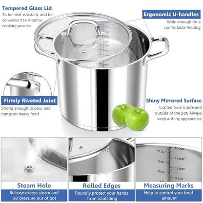 P&P CHEF 12 QT Stock Pot with Lid, Stainless Steel Large Cooking Pot, Soup Canning Stockpot for Stewing Simmering, Tri-ply Bottom for All Stoves, Heavy-Duty &Dishwasher Safe & Food-Grade